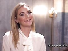 Handcuffed blonde gets rough fucked in threesome